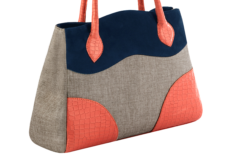 Natural beige, navy blue and coral orange women's dress handbag, matching pumps and belts. Front view - Florence KOOIJMAN